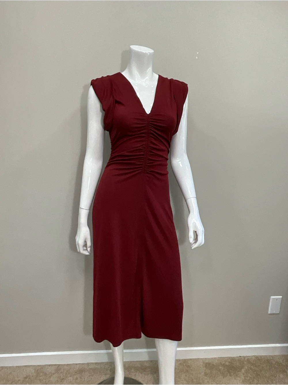 STEVE MADDEN Honey Dress XS Burgundy Ruched Midi V Neck Cocktail Dress